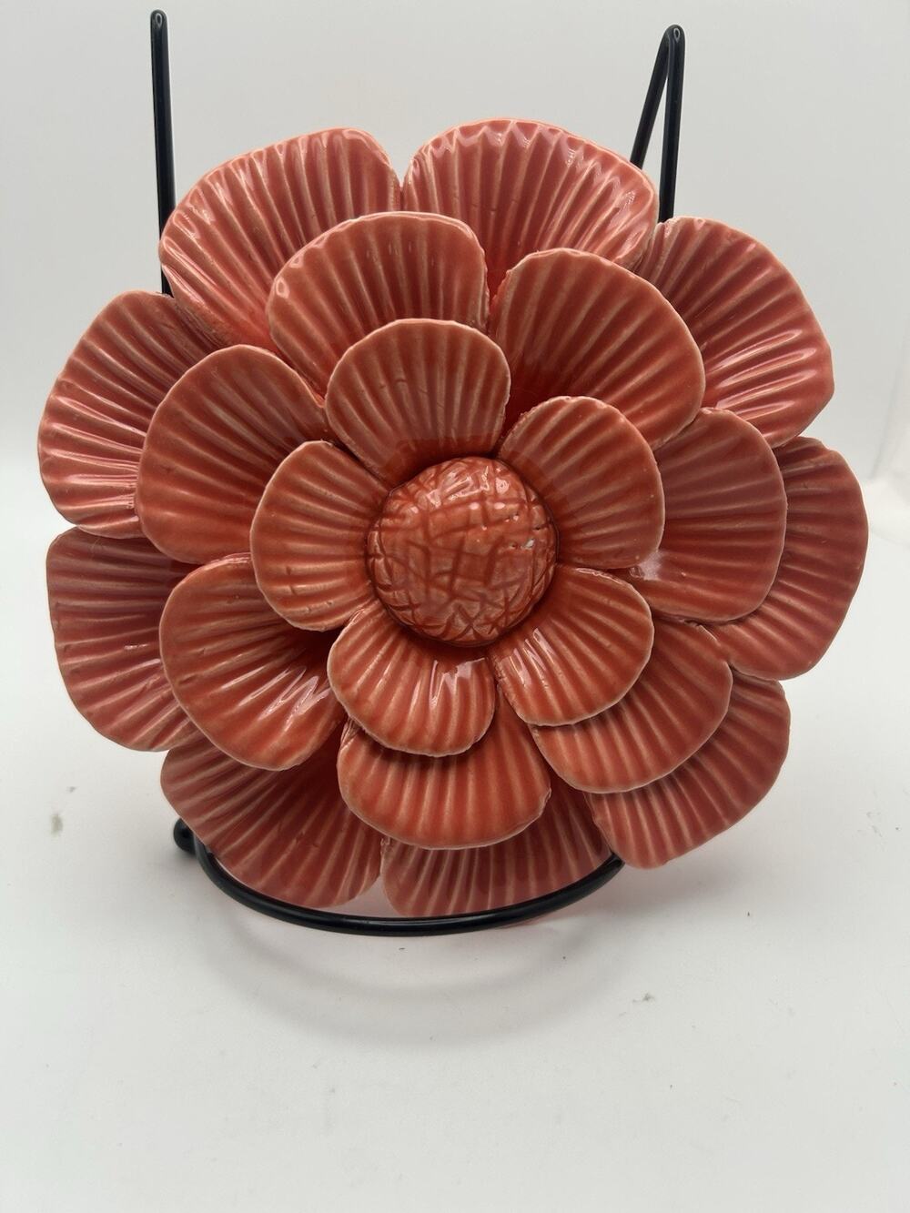 Earthenware Flower. Flat Bottom And Coral Color. Vintage